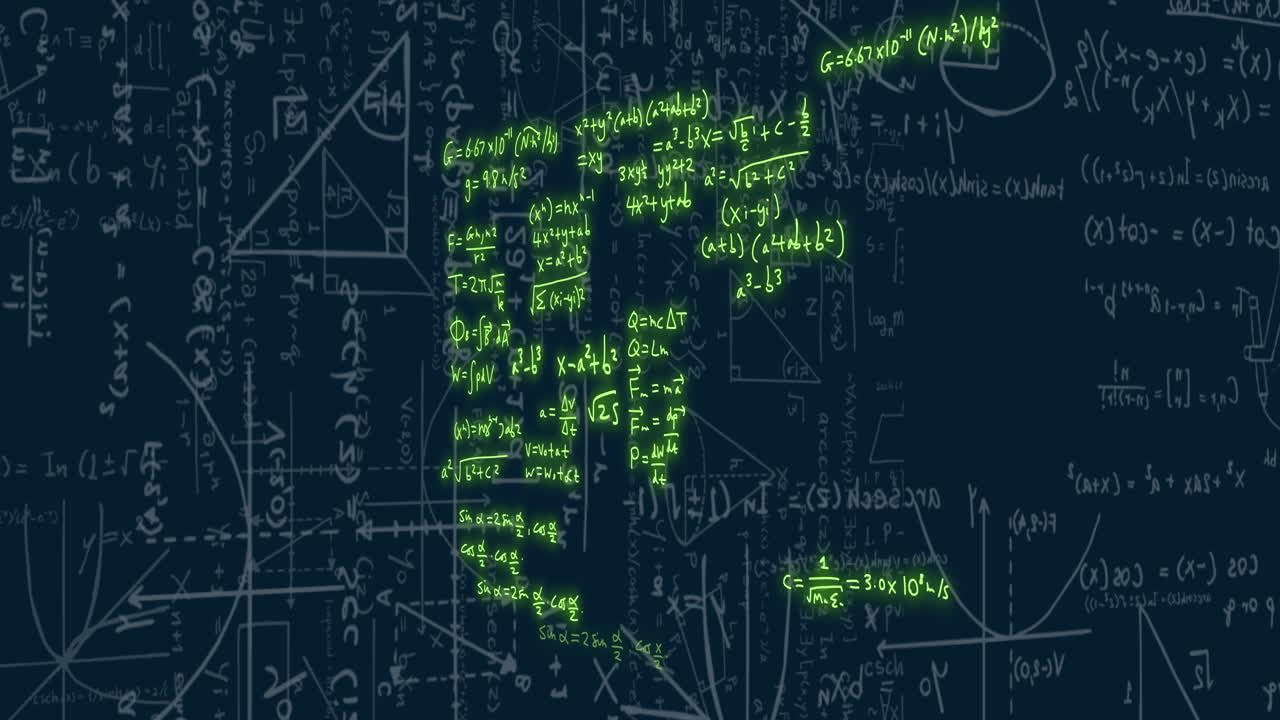 Animation of mathematical formulae and scientific data processing over black background