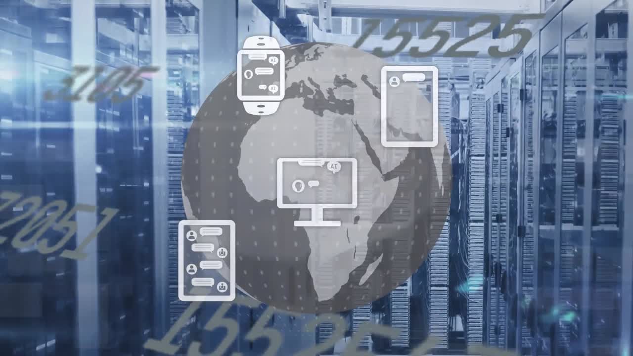 animación de múltiples números cambiantes e iconos digitales sobre el globo giratorio contra la sala del servidor