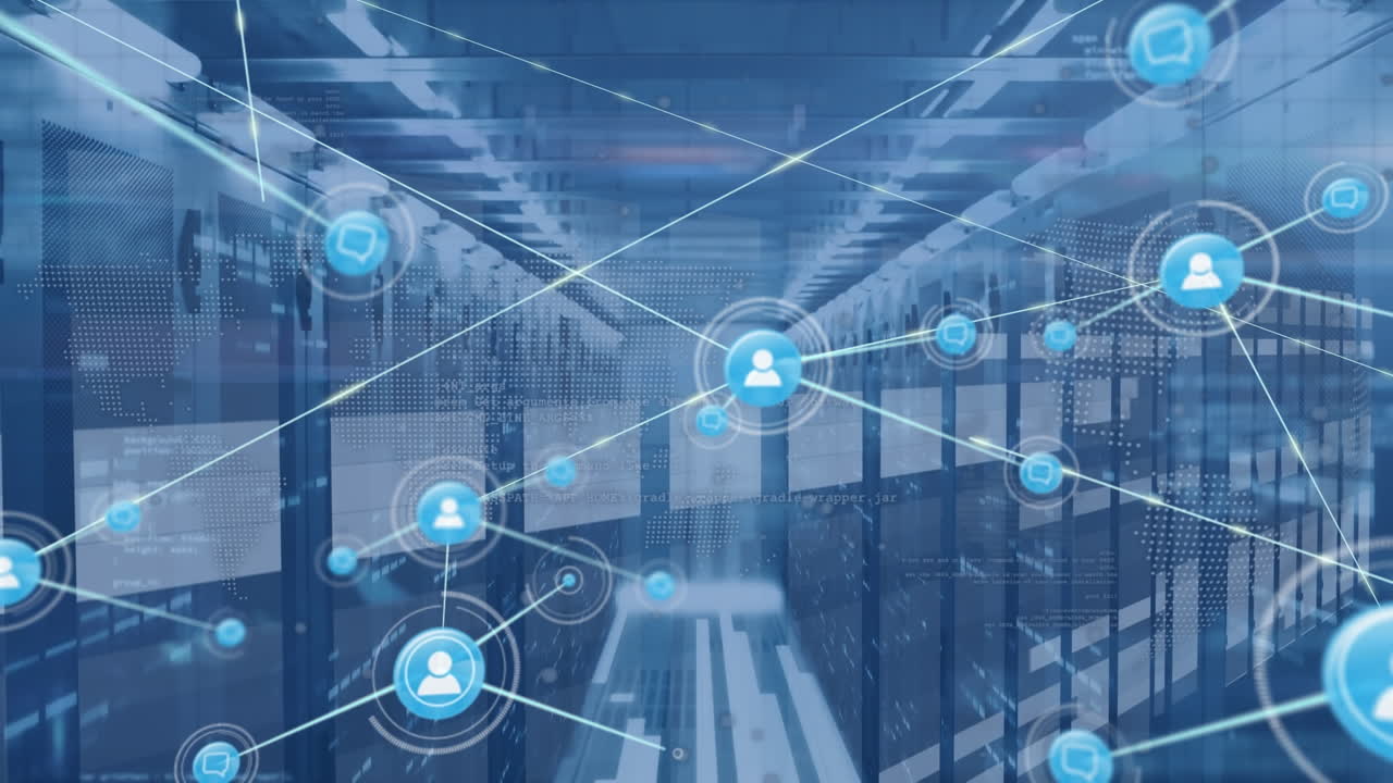 컴퓨터 서버를 통해 아이콘으로 연결 네트워크의 애니메이션