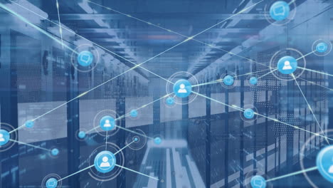 animation of network of connections with icons over computer servers