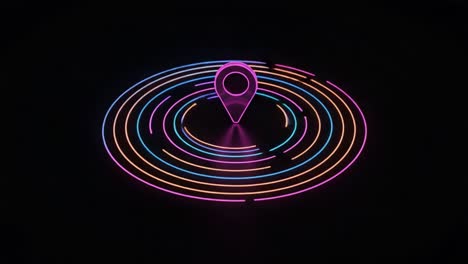 vibrant and dynamic location marker animation with circular light patterns in a dark background, evoking a sense of movement and navigation