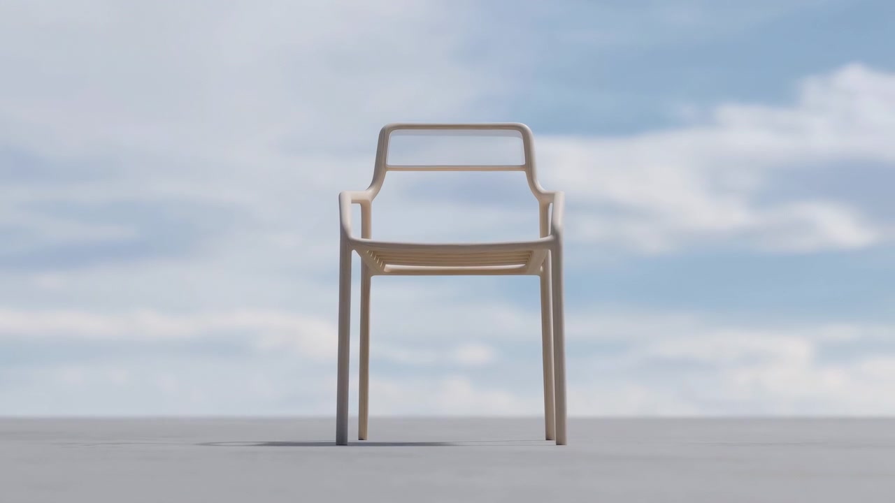 Een stilstaande stoel in een minimalistische designomgeving, met materialen van beton en metaal, geplaatst tegen een lucht met wolken en vanuit een bovenaanzicht. De scène straalt een neutrale sfeer uit.