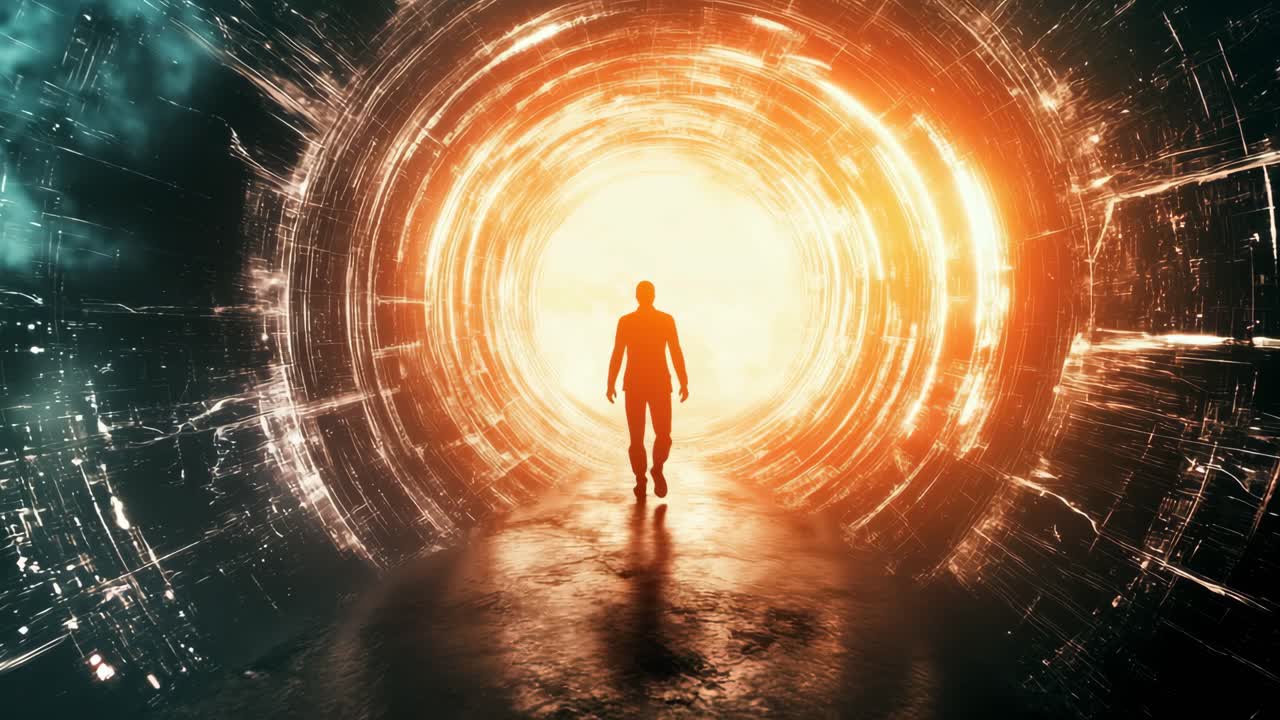 A futuristic video concept with a silhouette walking through a glowing tunnel