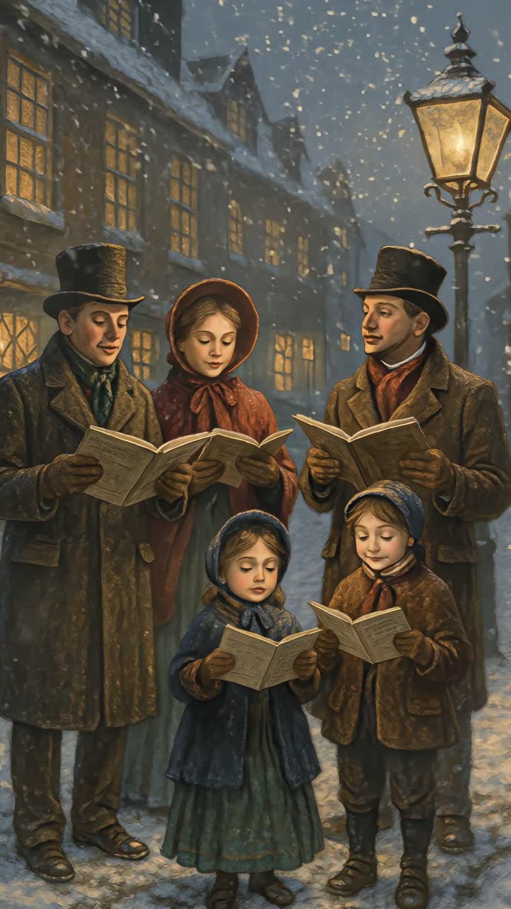 Victorian carolers sing in snowy street, captured from a front angle