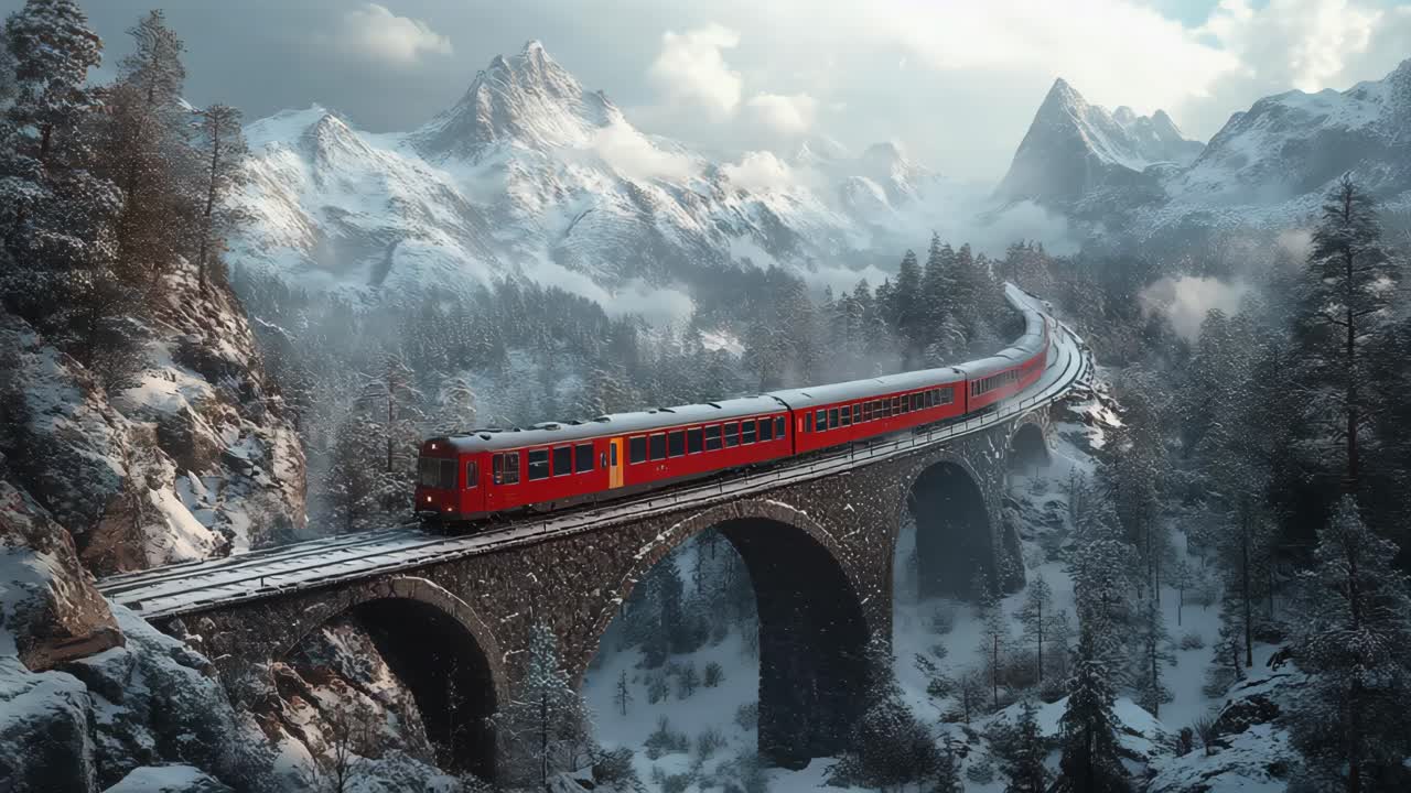 Red Train on a Snowy Mountain Bridge