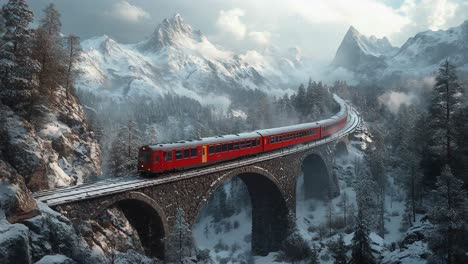 red train on a snowy mountain bridge