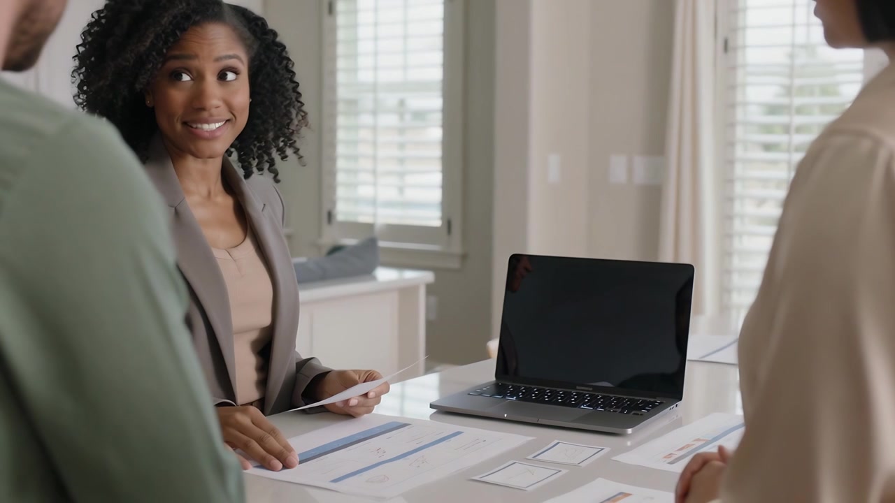 Holding small card, agent wearing gray blazer presenting documents on kitchen island, placing cards