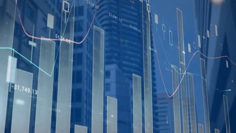 animation of statistical data processing against view of tall buildings