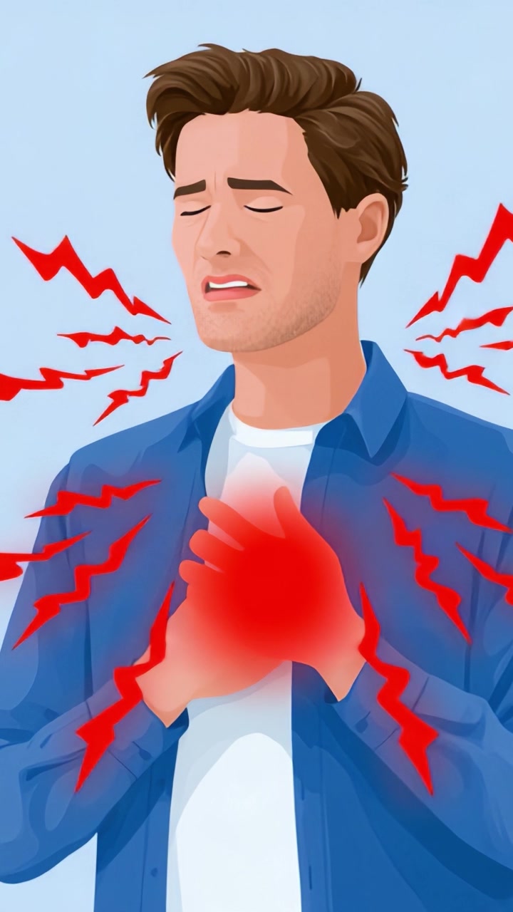 激しい胸の痛みに苦しむ男性のイラスト。視覚的な音波と、苦悶と苦悩に満ちた劇的な表情で、その苦痛の激しさを表現。