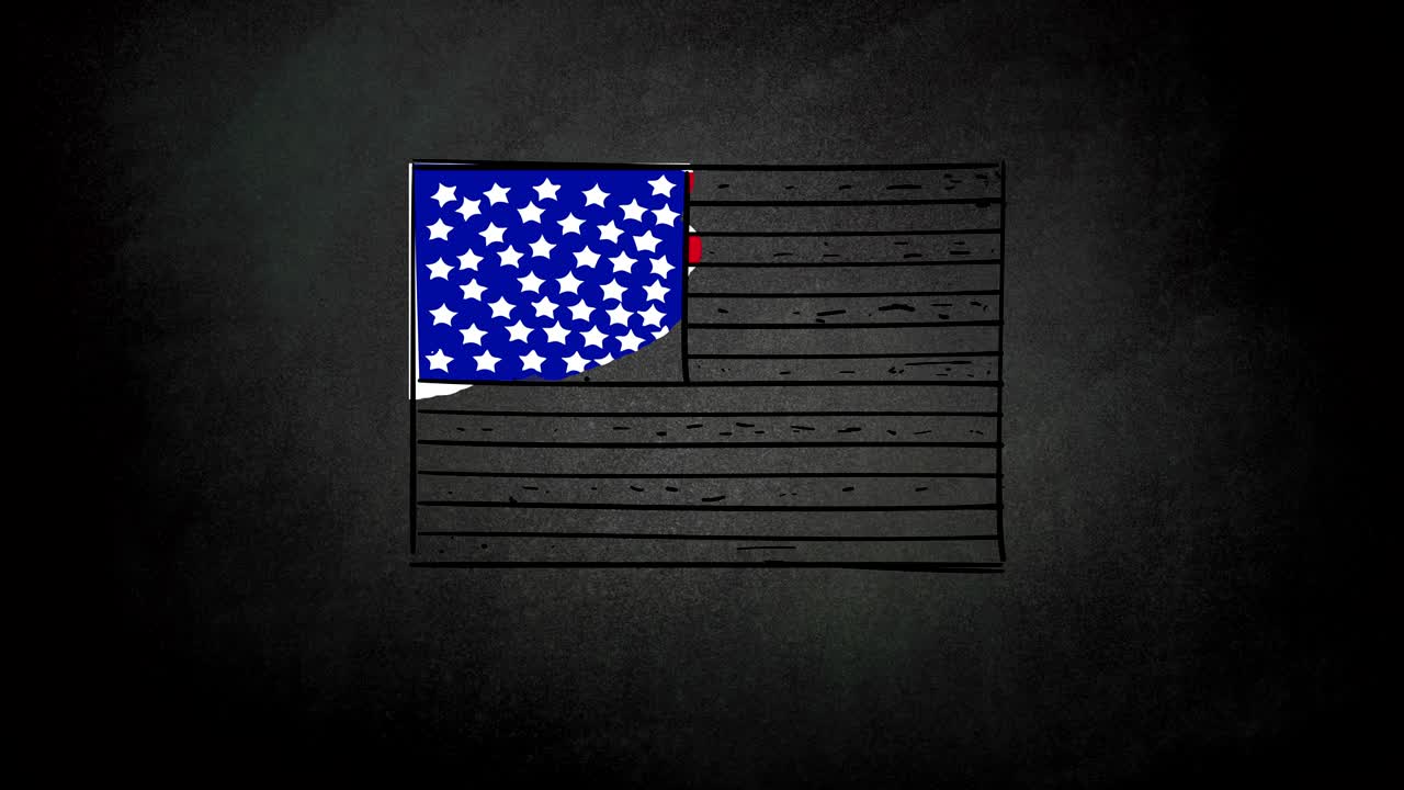 4k video of hand drawing process of USA cartoon flag, sketch on chalkboard background