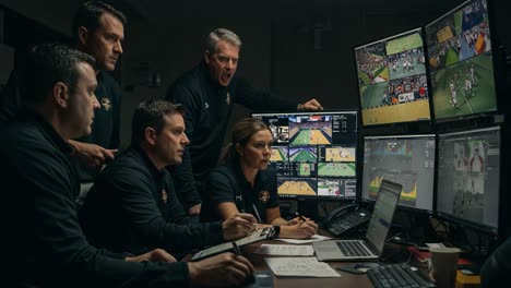 in-depth analysis: a dedicated team monitors multiple screens for game strategy and performance review during an intense sports event