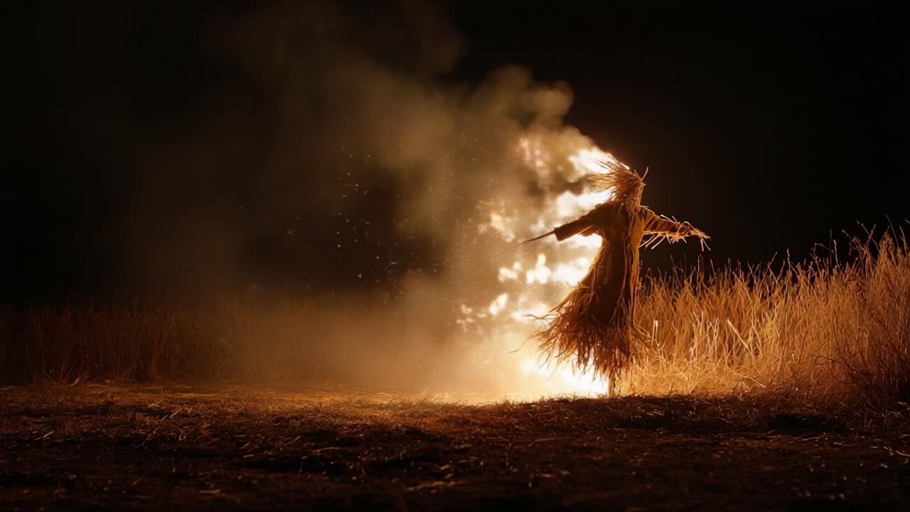 A Haunting Figure in Flames: Capturing the Ethereal Dance of a Burning Scarecrow Against a Darkened Night Sky, Surrounded by Swirling Smoke and Flickering Sparks