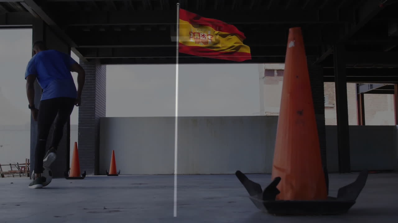 man practicing soccer drills in parking garage, with animated cone markers and flag icon overlay