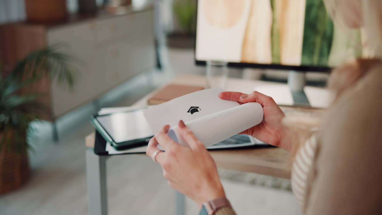 mujer leyendo la carta de aceptación en la oficina del hogar