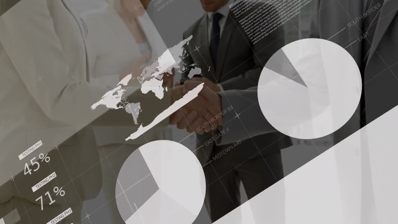 procesamiento de datos estadísticos contra hombre de negocios y mujer de negocios estrechando la mano en la oficina