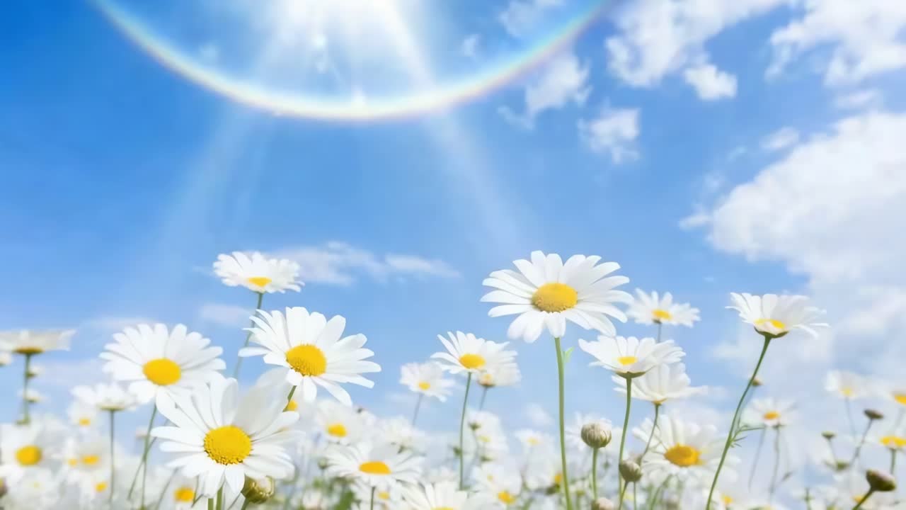 Low-angle video shot of daisies under a bright blue sky with a rainbow halo effect