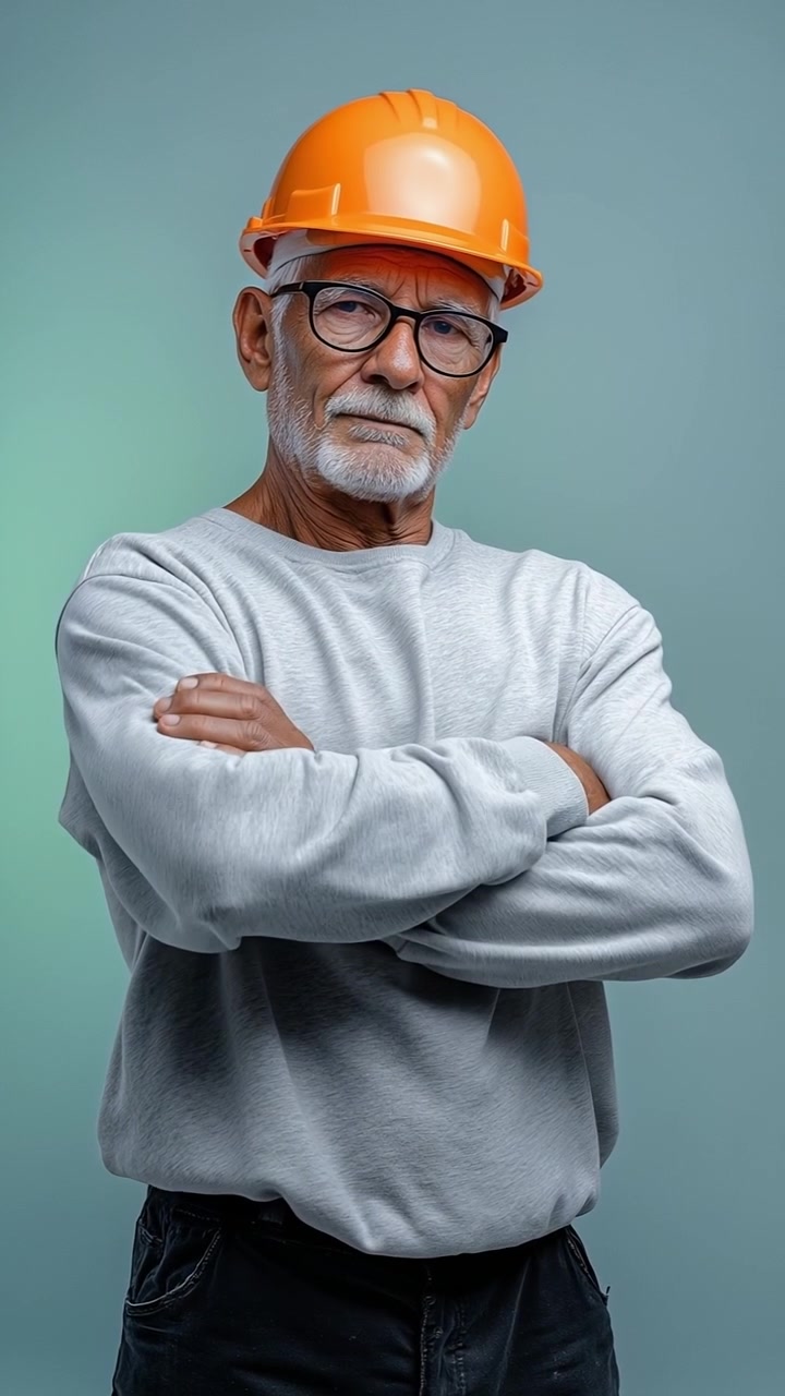 Confident Senior Construction Worker Standing With Folded Arms On Blue Background