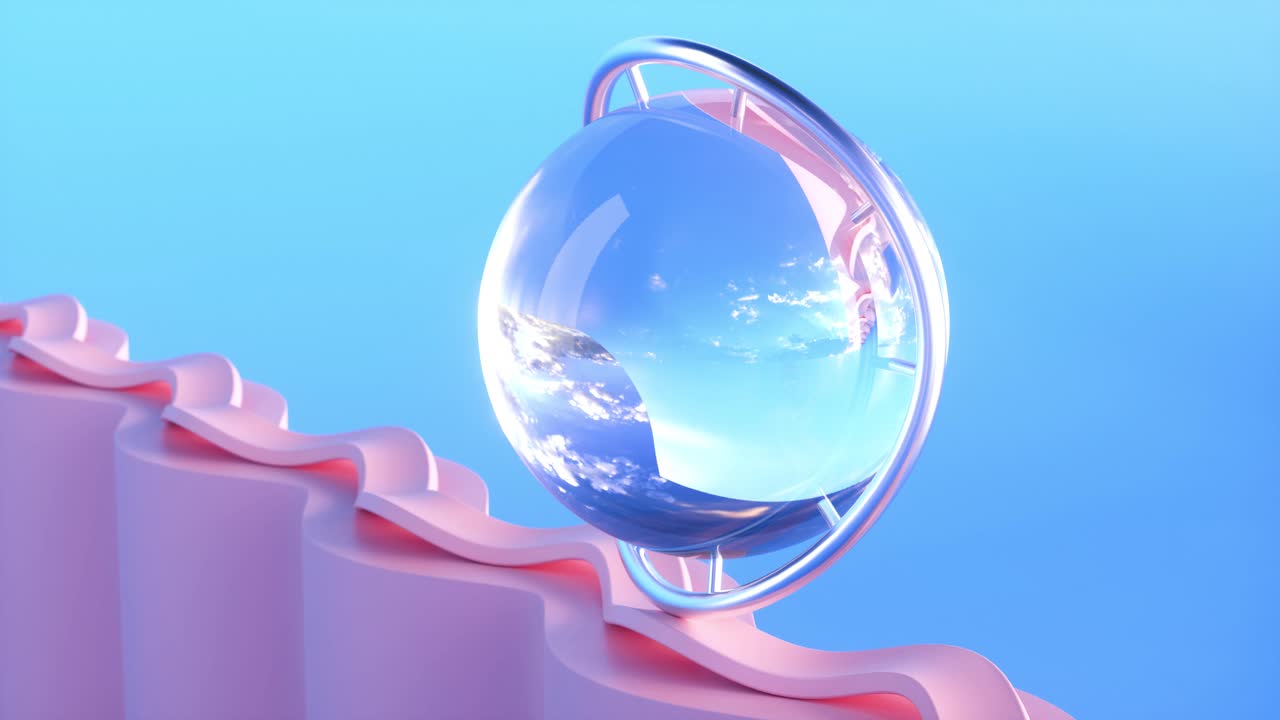 구부러진 표면에서 회전하는 금속 반지와 함께 루프 된 유리 공. 만족스러운 3d 비디오