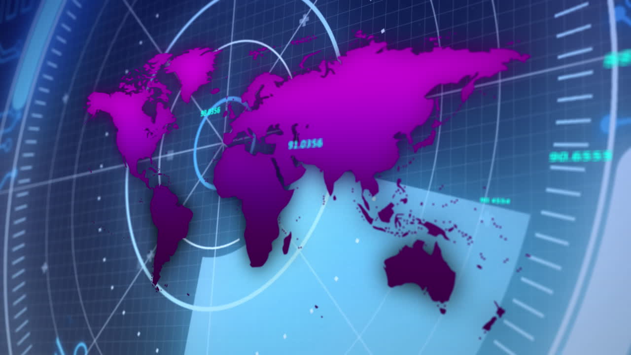 추상적인 배경의 그리드 패턴에 대한 보라색 지도와 레이더 위의 숫자의 애니메이션