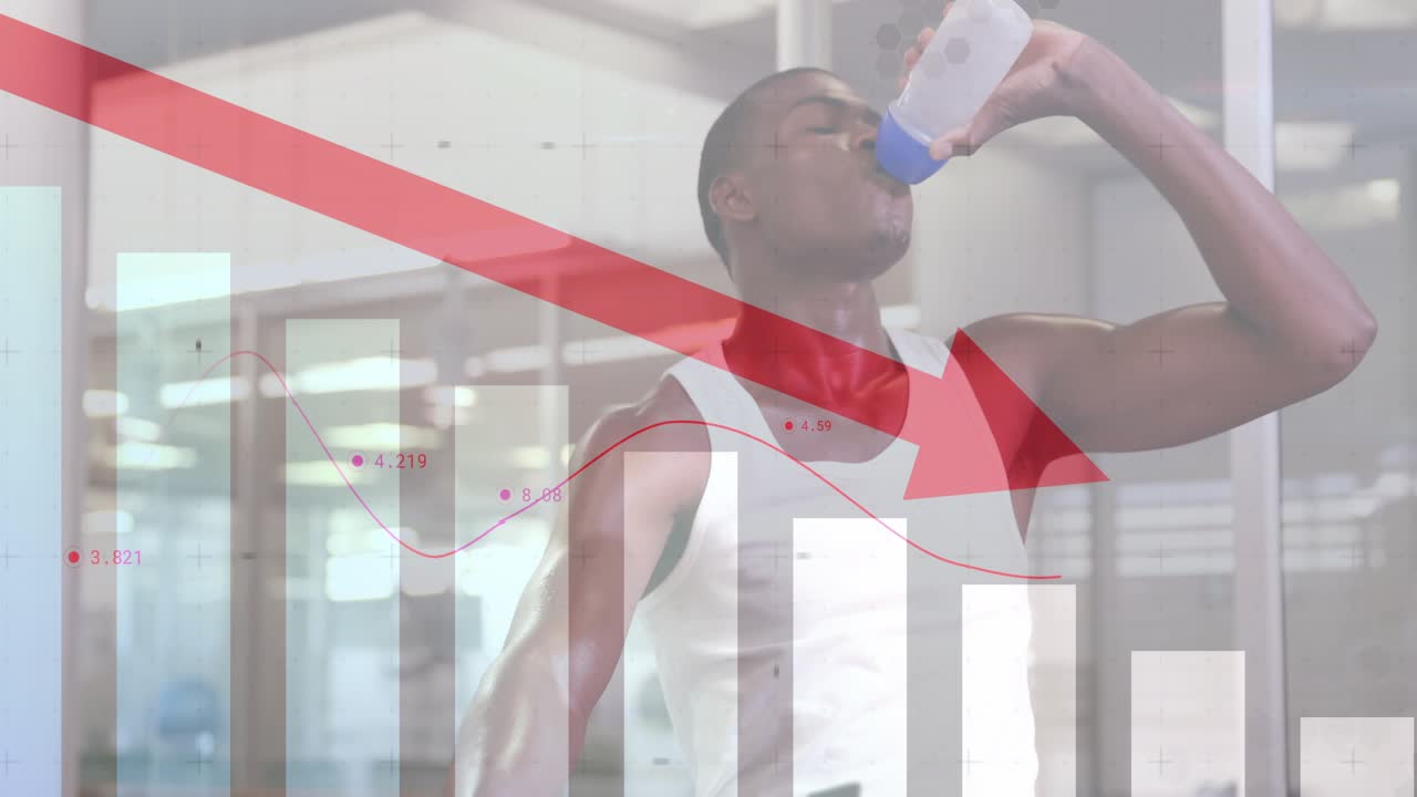 Man starting pedaling, shifting grip, drinking to hydrate, finance chart with red arrow overlaying