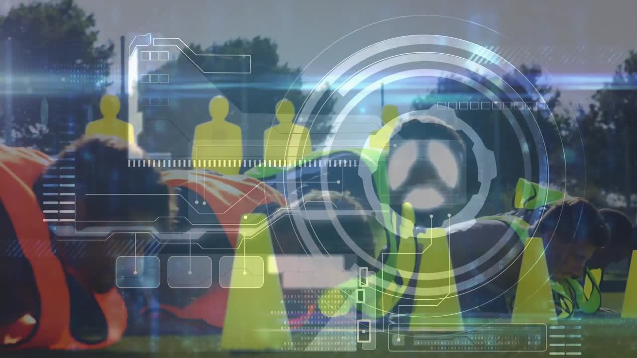 animación del procesamiento de datos y escaneo de alcance sobre jugadores de fútbol