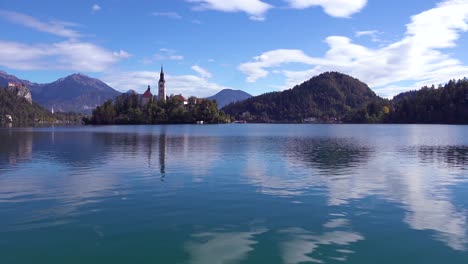 beautiful establishing shot of lake bled and island castle slovenia 1