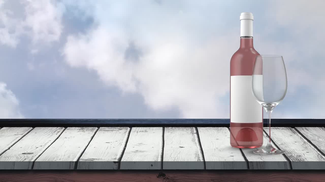 animación de una botella de vino de rosa sobre un fondo con nubes