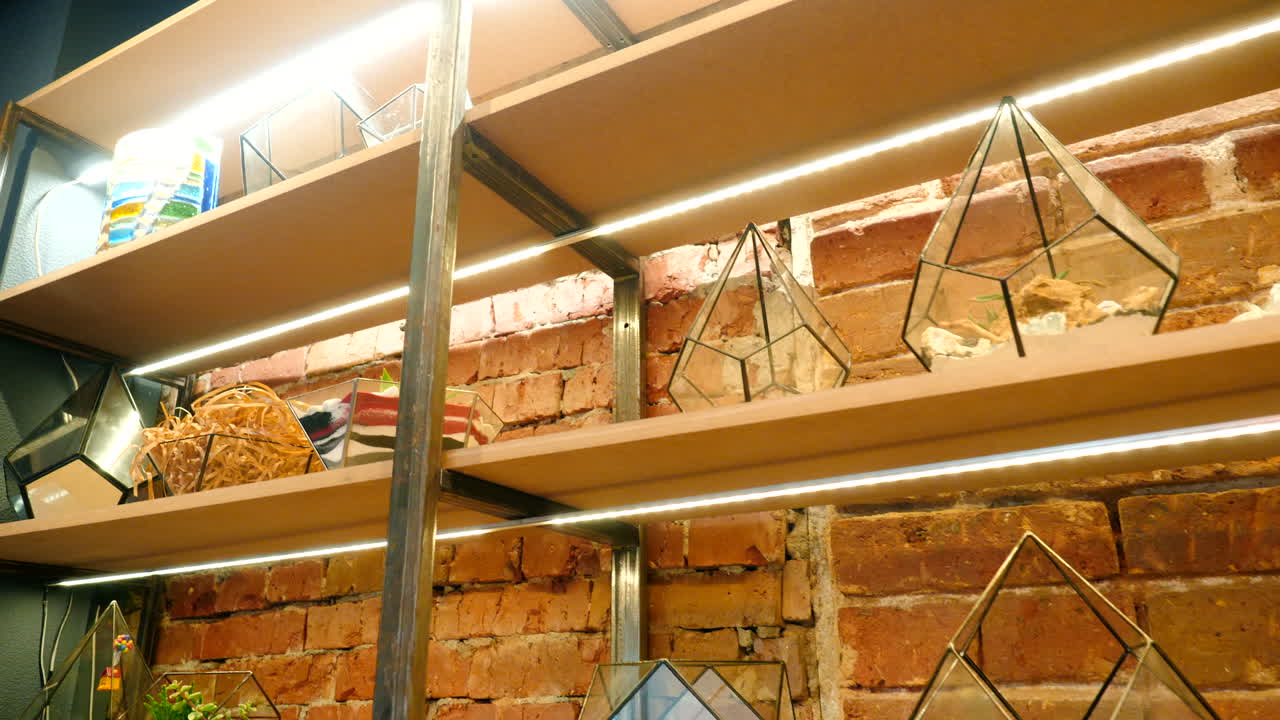 기하학적 인 유리 테라리움 과 벽돌 벽 을 가진 세련 된 전시 선반