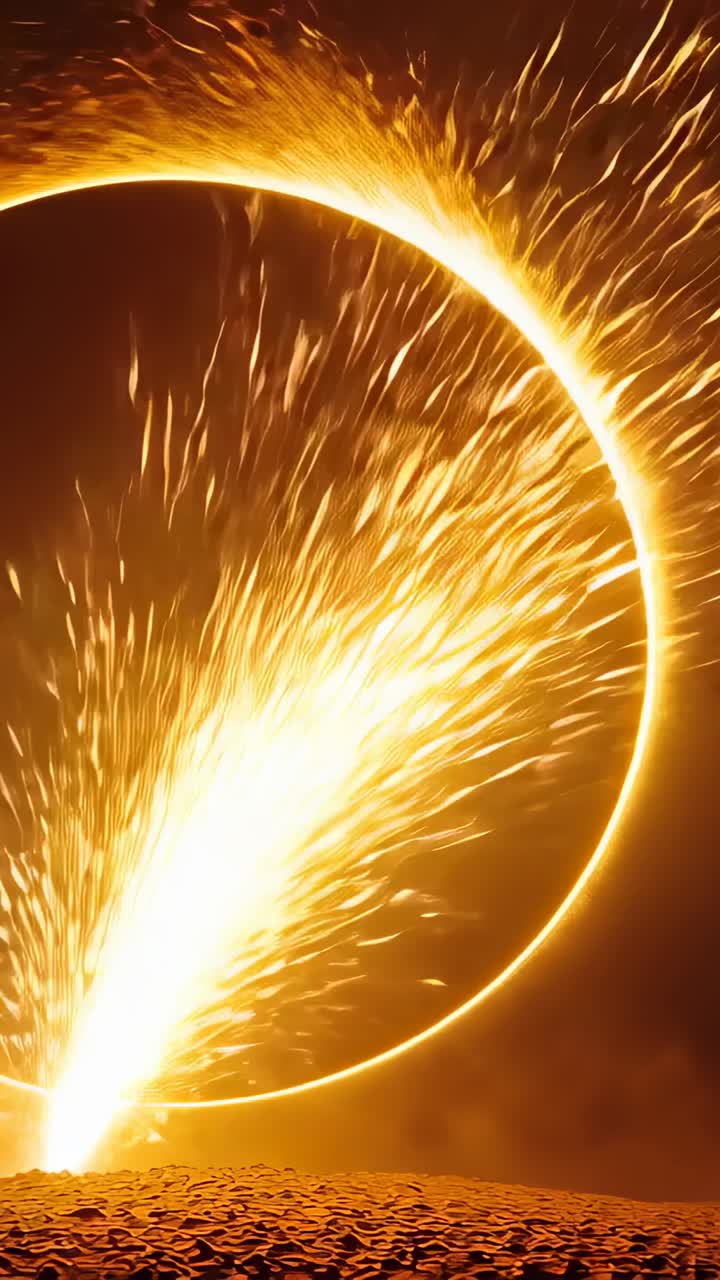 Vertical video: Erupting fiery rim of central disk venting heat while sending sparks across plain