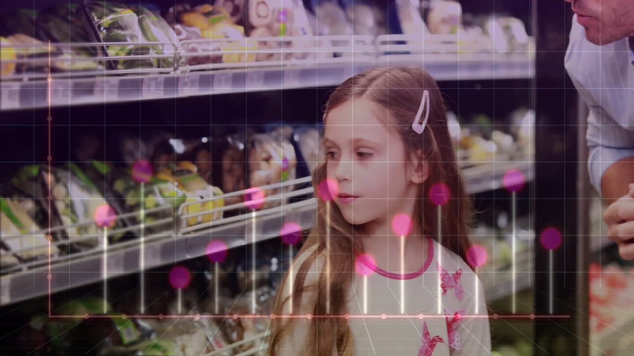 animación del procesamiento de datos financieros sobre compras de padre e hija caucásicos