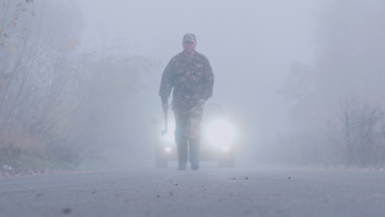 숲길에서 피 묻은 도끼를 든 살인자가 자동차 헤드라이트에 비추어 소름 끼치는 범죄 현장에 서 있다