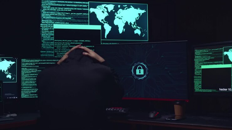 Hacker asiatico contrariato per una chiave di blocco sullo schermo del computer