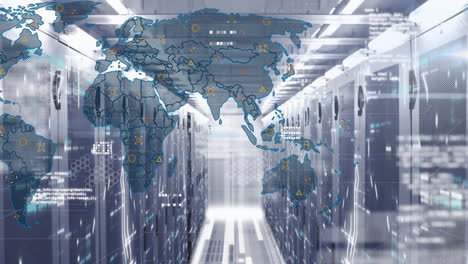 animation of data processing over world map and mosaic sqaures against computer server room