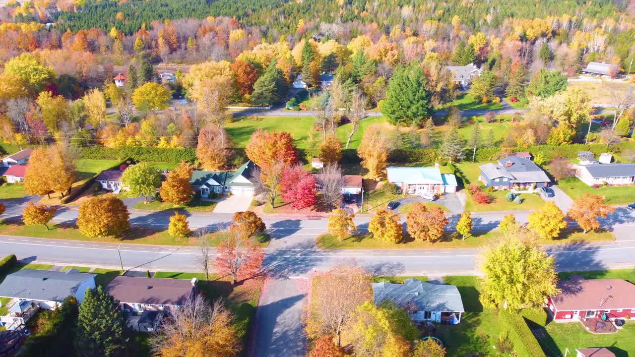 An aerial view of a beautiful and silent neighborhood bathed in sunlight, with autumn-colored trees adding vibrant hues to the scene. The peaceful setting captures the tranquility of the fall season.