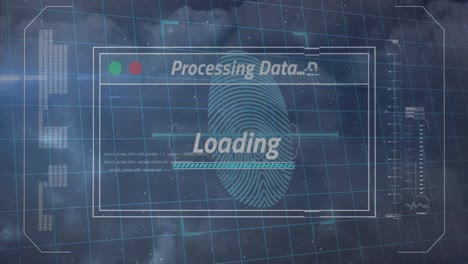 Animation-of-interface-with-data-processing-over-biometric-fingerprint-scanner-and-padlock-icon