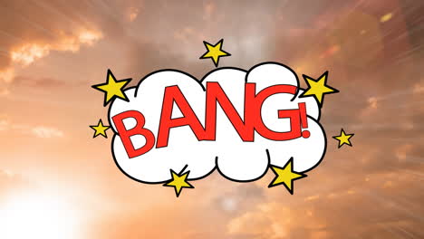 animation of bang text on speech bubble with stars on orange clouds on sky