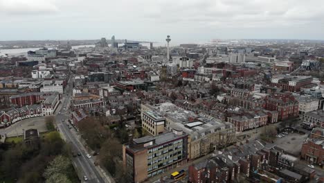 drone shot flying over liverpool on a damp april morning