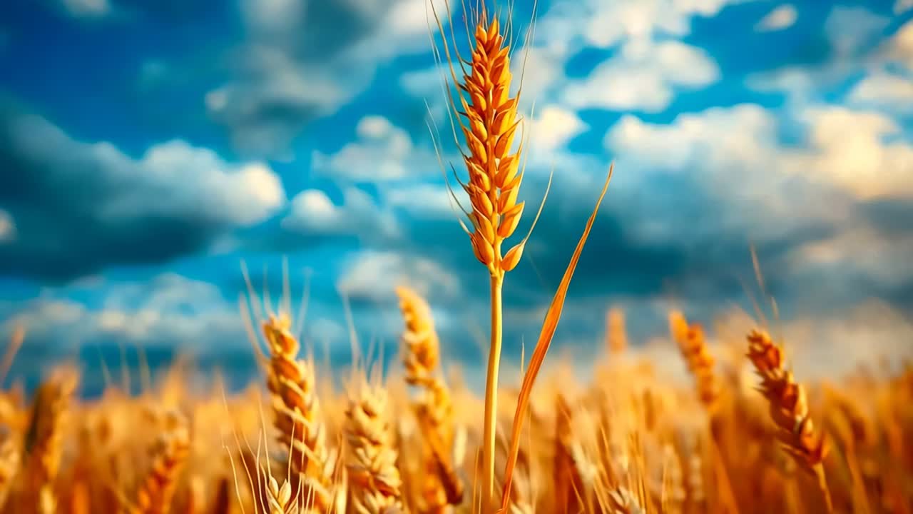Bulutlu mavi bir gökyüzü altında olgun buğday tarlası