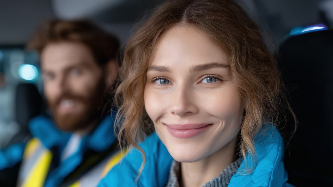 A Joyful Encounter: Captivating Smiles and Genuine Expressions from the Driver's Seat Captured in Two Frames of a Happy Moment
