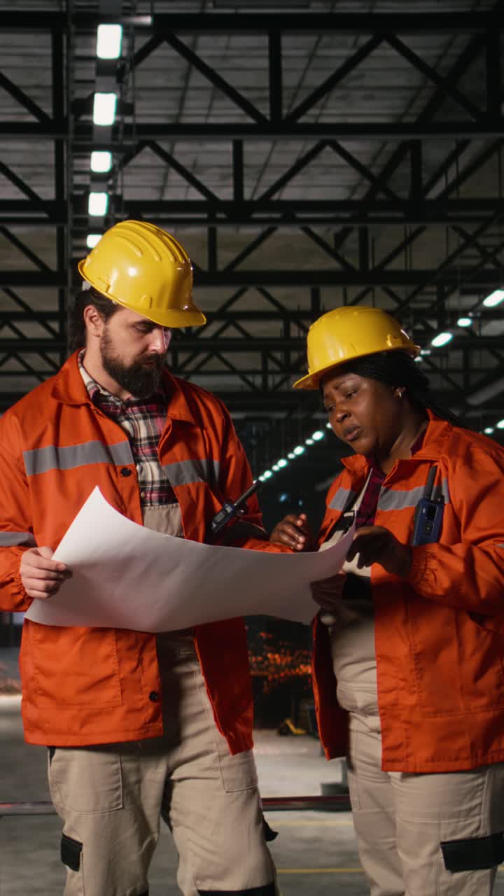 Vertical Video Diverse team of engineers studying blueprints and layout plans in machinery hall