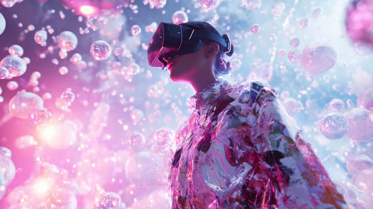 A visually captivating exploration of a person immersed in a surreal virtual reality environment, surrounded by vibrant bubbles and a mystical ambiance that enhances the imaginative experience
