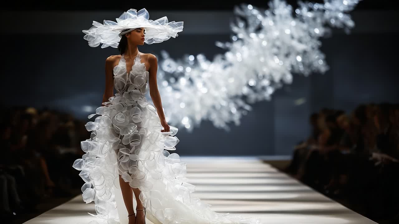 A Stunning Model Walks Down the Runway in a Captivating White Dress Made of Intricate Floral Designs and Accented by a Unique Hat, Showcasing A Beautiful Fusion of Fashion and Art