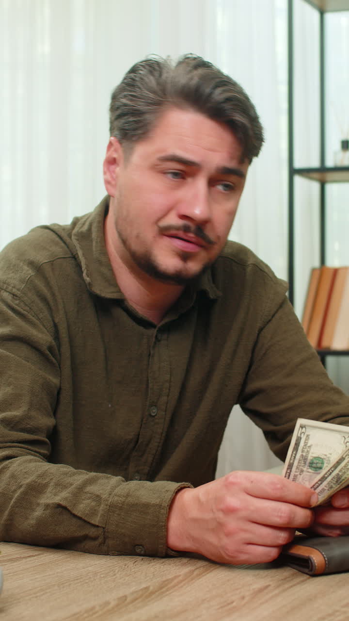 Hombre pobre de mediana edad frunce el ceño contando dinero en efectivo, sacude la cabeza preocupado por las deudas, la pobreza y los fondos en el escritorio