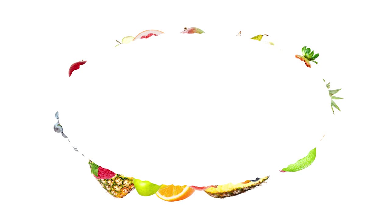animación creativa de stop motion de muchas frutas diferentes volando desde el centro y desacelerando alrededor de un hermoso marco ovalado con espacio para texto y volando rápido. explosión de frutas en un blanco.