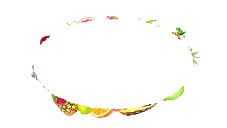 animación creativa de stop motion de muchas frutas diferentes volando desde el centro y desacelerando alrededor de un hermoso marco ovalado con espacio para texto y volando rápido. explosión de frutas en un blanco.