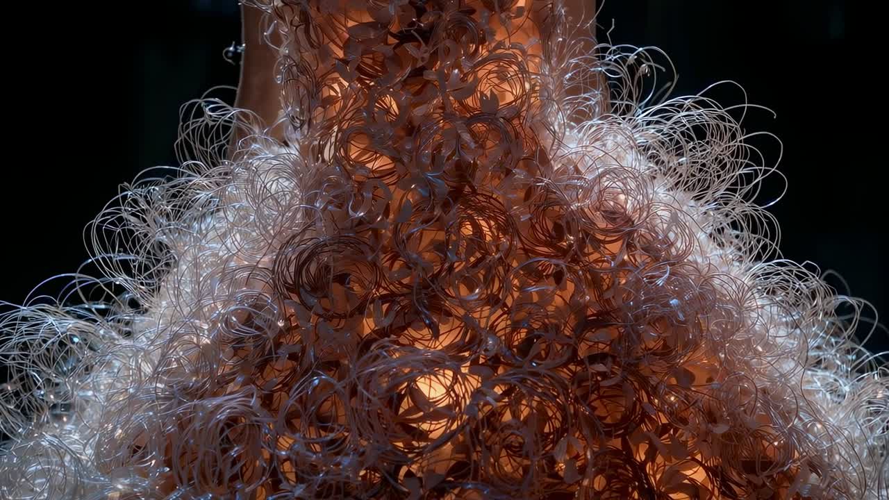 Intensifying warm core and clear coils shifting and catching glints in dark studio, tube