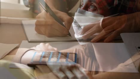 paperwork and calculator over woman with mask