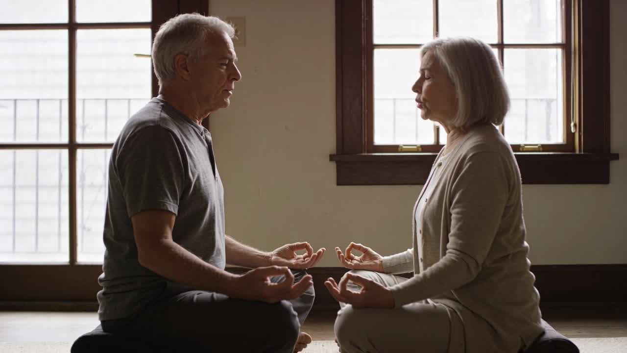 Coppia anziana che inizia a respirare e meditare su cuscini vicino alle finestre, con la donna che vocalizza dolcemente.