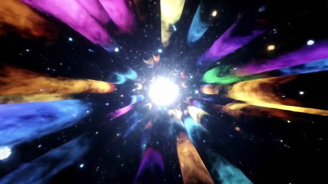 A Vivid Journey Through Space: Dynamic Colorful Light Beams Emanate From A Central Bright Star, Creating A Mesmerizing Cosmic Voyage.