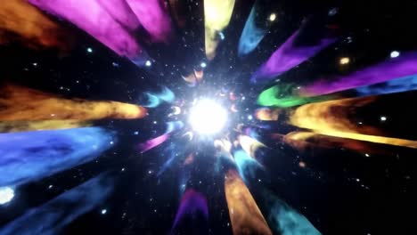 a vivid journey through space: dynamic colorful light beams emanate from a central bright star, creating a mesmerizing cosmic voyage.